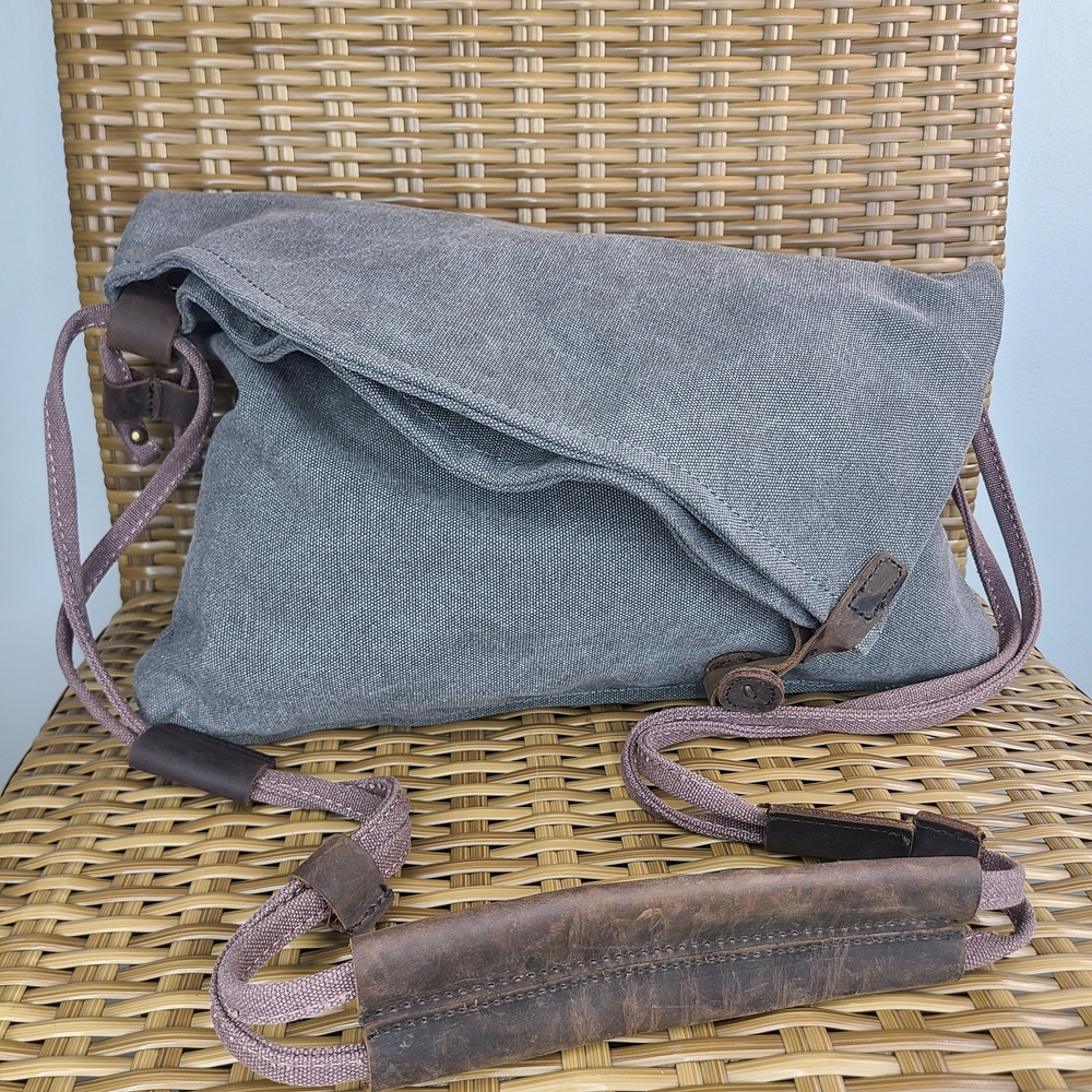 Gray Canvas Crossbody Shoulder Bag Straps Button Leather Accents Minimalist